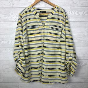 Notations Women's 2X Striped V Neck Top Roll Tab Sleeves Yellow Black White